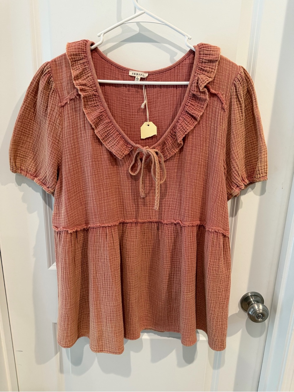 NEW With Part of Tag JODIFL Ruffled Neck Tie-Front Top Size Large